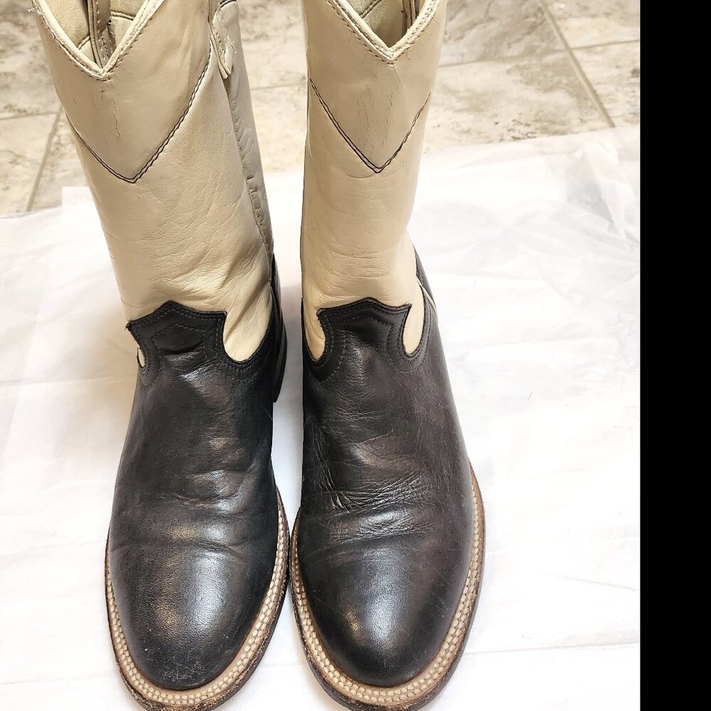 Women Boots Cowboy Good condition Blue Beige SZ 7 TEXAS U.S.A. DISCOUNT SHIPPING